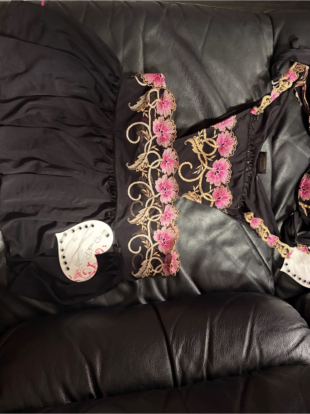 Beach Bunny Black Bikini with Pink and Gold Floral Embroidery